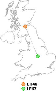 map showing distance between EH48 and LE67