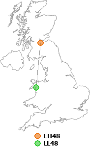 map showing distance between EH48 and LL48