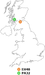 map showing distance between EH48 and PA32