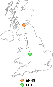 map showing distance between EH48 and TF7