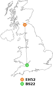 map showing distance between EH52 and BS22
