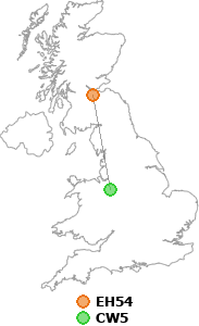 map showing distance between EH54 and CW5