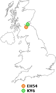 map showing distance between EH54 and KY6