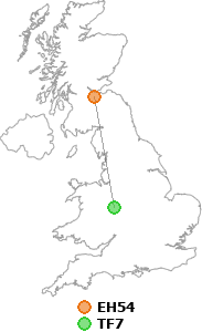map showing distance between EH54 and TF7