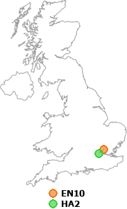 map showing distance between EN10 and HA2
