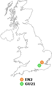 map showing distance between EN2 and GU21
