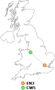 map showing distance between EN3 and CW5