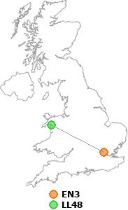 map showing distance between EN3 and LL48