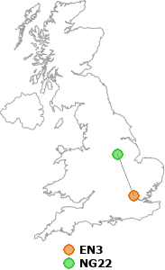 map showing distance between EN3 and NG22