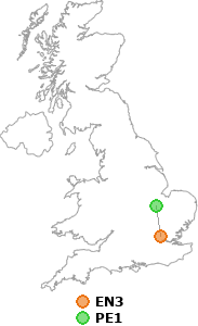 map showing distance between EN3 and PE1
