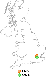 map showing distance between EN5 and SW16