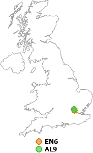 map showing distance between EN6 and AL9