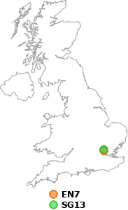 map showing distance between EN7 and SG13