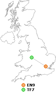 map showing distance between EN9 and TF7