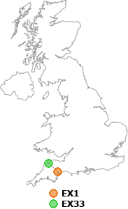 map showing distance between EX1 and EX33