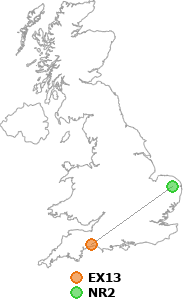 map showing distance between EX13 and NR2