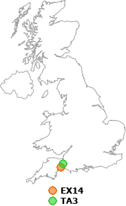 map showing distance between EX14 and TA3