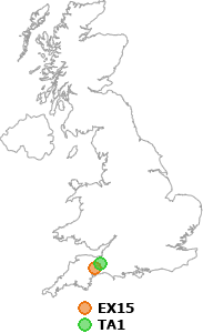 map showing distance between EX15 and TA1