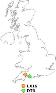 map showing distance between EX16 and DT6