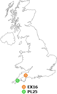 map showing distance between EX16 and PL25