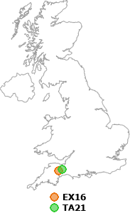 map showing distance between EX16 and TA21