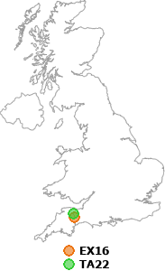 map showing distance between EX16 and TA22