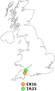 map showing distance between EX16 and TA23