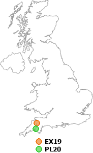 map showing distance between EX19 and PL20