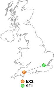 map showing distance between EX2 and SE1