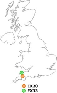 map showing distance between EX20 and EX33