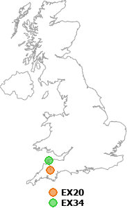 map showing distance between EX20 and EX34
