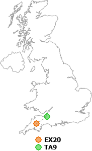 map showing distance between EX20 and TA9
