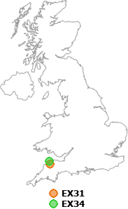 map showing distance between EX31 and EX34