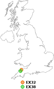 map showing distance between EX32 and EX38