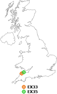 map showing distance between EX33 and EX35