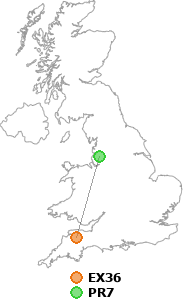 map showing distance between EX36 and PR7