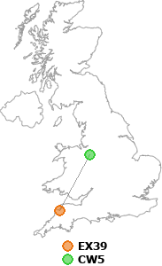 map showing distance between EX39 and CW5