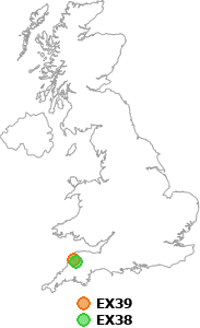 map showing distance between EX39 and EX38