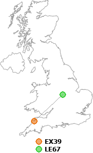 map showing distance between EX39 and LE67