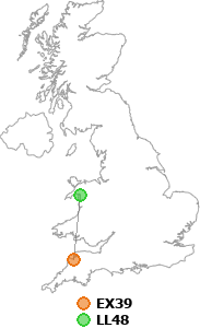 map showing distance between EX39 and LL48