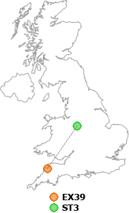 map showing distance between EX39 and ST3