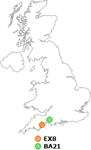 map showing distance between EX8 and BA21