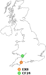 map showing distance between EX8 and CF24