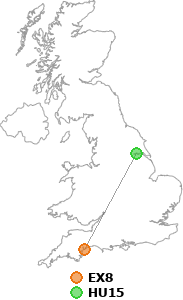 map showing distance between EX8 and HU15