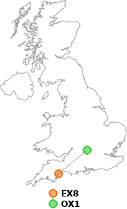map showing distance between EX8 and OX1