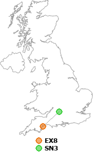 map showing distance between EX8 and SN3