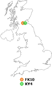map showing distance between FK10 and KY4