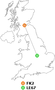 map showing distance between FK2 and LE67