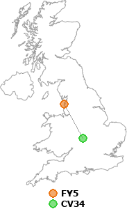 map showing distance between FY5 and CV34