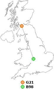 map showing distance between G21 and B98